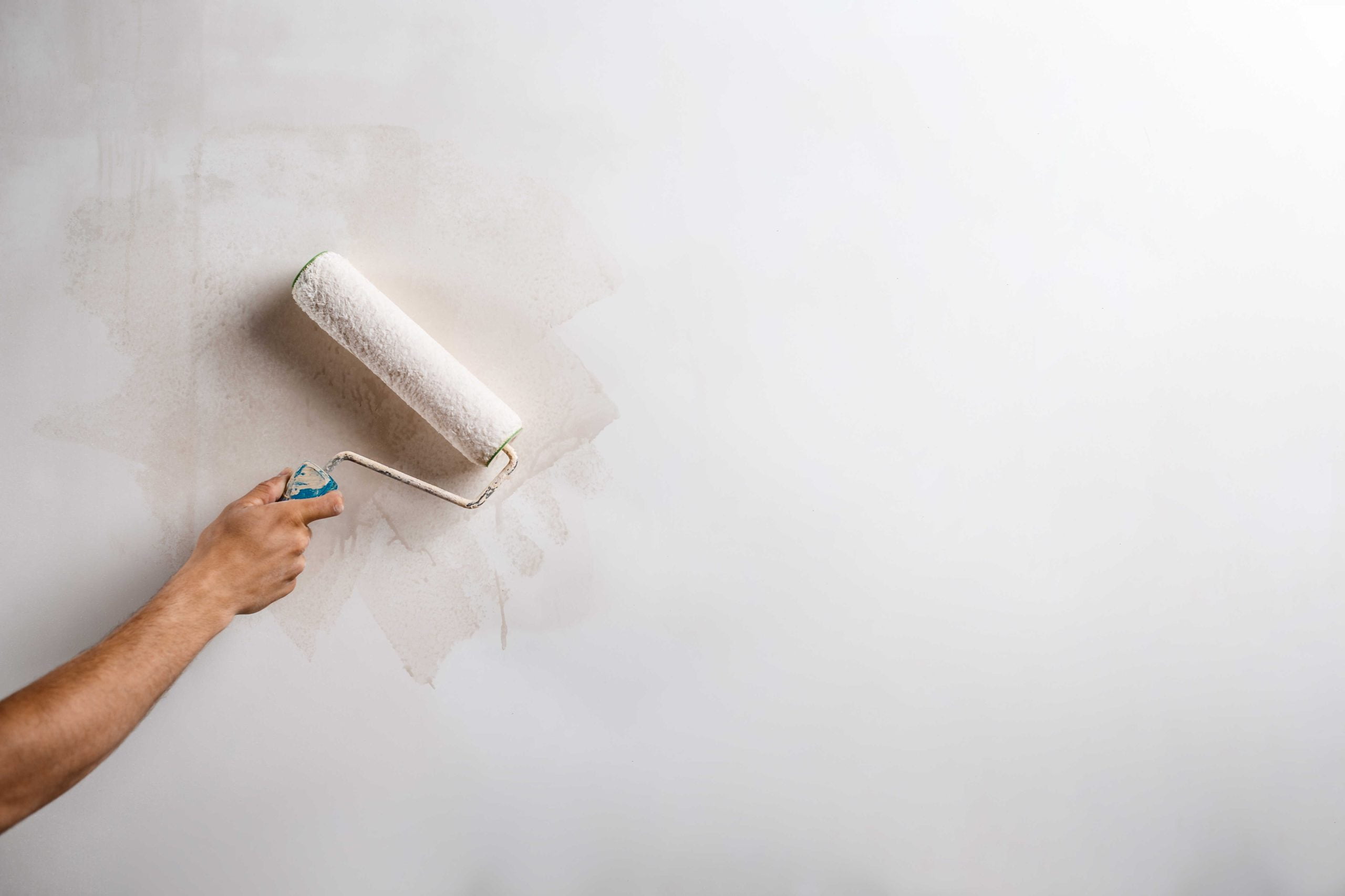 Close up of hand painting wall with roller. Copy space. cat plafon